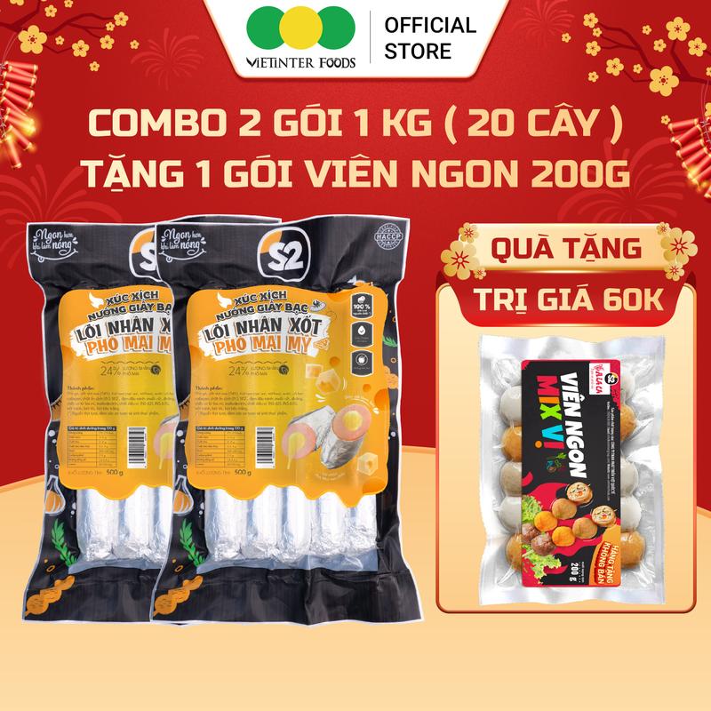 HỎA TỐC HCM Combo 2 Gói Xúc Xích Nướng Giấy Bạc S2 Vietinter Foods Lõi Nhân Xốt Phô Mai Mỹ