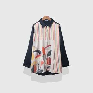 AMEELA.KL Kemeja Print Sabatun di AMEELA.KL dengan Desain Bunga dan Garisan Warna-warni Baju Panjang Silk Unik Wanita Atasan Casual Linen