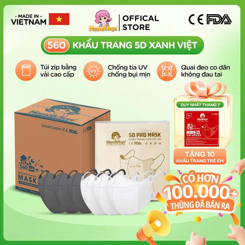 [CAM KẾT RẺ NHẤT] 560 chiếc Khẩu trang 5D Xanh Việt Hannah Seyo chống tia UV, bụi mịn 3 lớp