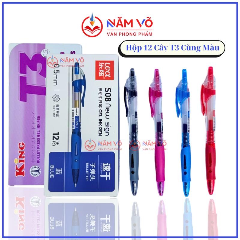 [T3 / S08] HỘP 12 Cây Bút Bi / Viết Bi Gel Nước Bấm LEX / LEA / KING T3 S08 Ngòi Bi 0.5mm, Có Nệm Cầm Viết, Viết Êm, Mực Đẹp (Mực Xanh, Tím, Đỏ, Đen)