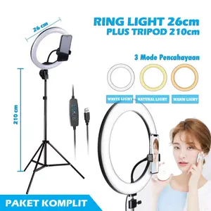 Paket Komplit Ringlight 26cm + Tripod 2,1 Meter Make Up Vlog Lampu Ringlight Aksesoris Holder Led