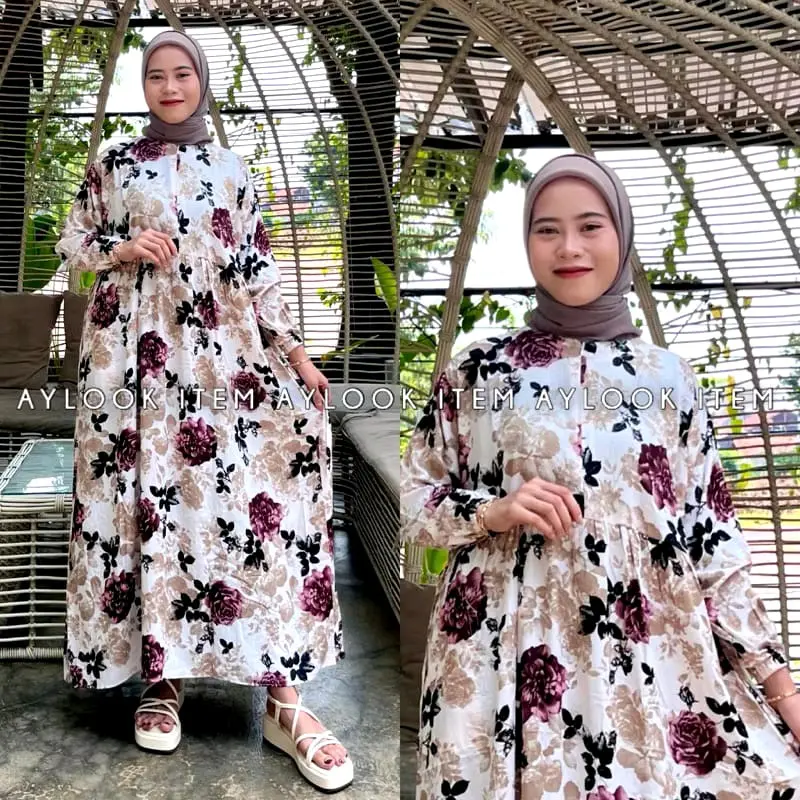 MIDI DRESS RAYON MOTIF BUNGA/ HOMEDRESS BUDUI FRIENLY WANITA MOTIF TERBARU Gamis Muslim Remaja Dewasa Fit Tebal Standar Samping 6