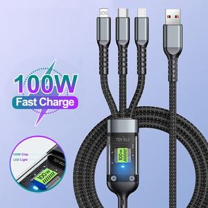 3 in 1 Fast Charging Cable Transparent LED Light 6A 100w Data USB Cable Support Quick Charge