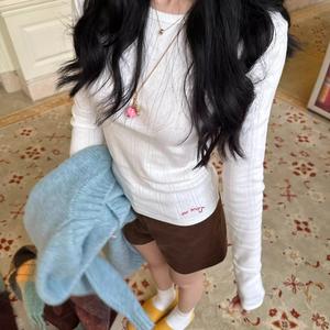 Women's Knitted Texture Round Neck Long Sleeve T-Shirt, Spring Slim Fit Inner Layer Embroidered Top, Korean Style Casual Wear