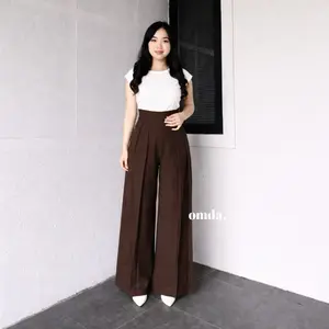 OMDA - Lavie Pants Celana Kulot Palazzo Highwaist Wanita Semi Wol Karet Pinggang Belakang Hitam Beige Ivory Coffe