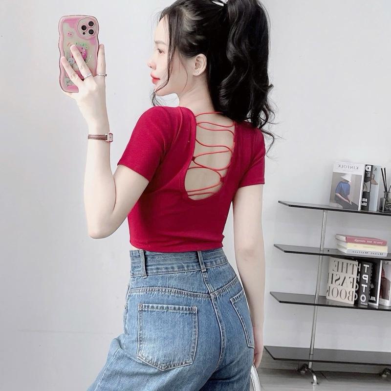Áo Croptop Nữ Cổ vuông Hở Lưng Siêu Xinh có mút ngực sẵn  ôm body Women Thun Kem Dáng Ngắn Voi Nhung Jean croptop  xinh