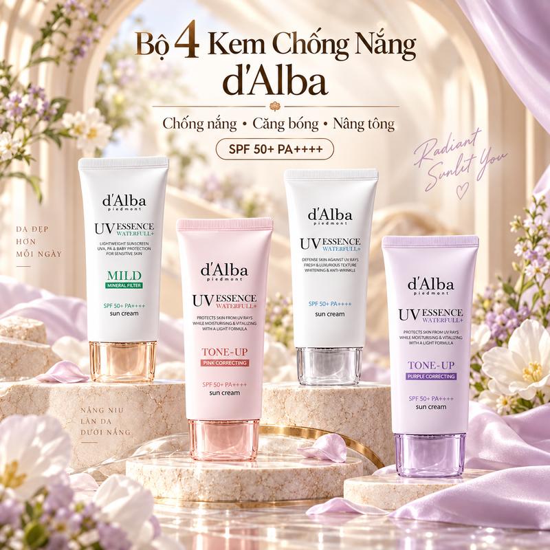 [COD][Bán Chạy] d'Alba UV Essence Sun Cream SPF50+ PA++++, 4 Dòng Mild/Pink/Waterfull/Purple, Dưỡng Ẩm, Nâng Tông & Cho Da Trông Tươi Sáng