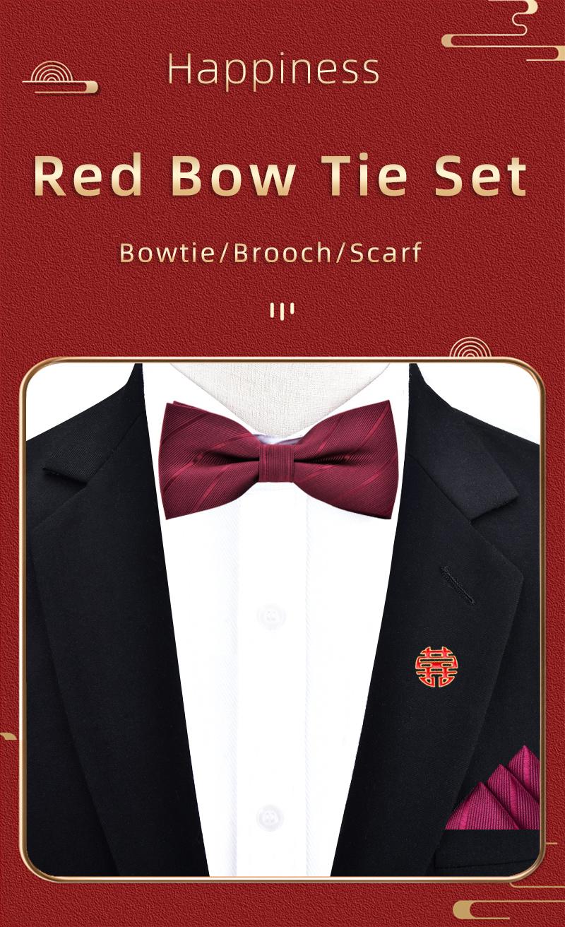 Product Introduction of Groom's Wedding Tie Pocket Scarf Square Scarf Chest Needle Breast Flower Three piece Set Red Bow Men's Black Gentleman 0