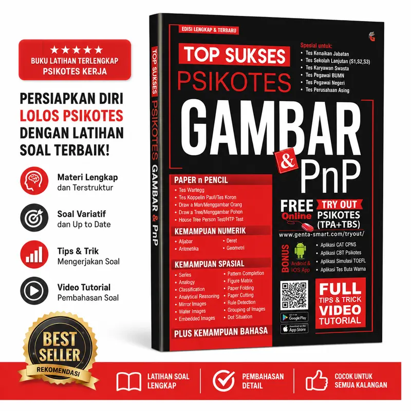 Psikotes Kerja, Gambar & PnP – Fokus Pendalaman Materi & Pembahasan Lengkap – Buku Panduan Lengkap menghadapi psikotes kerja, tes BUMN, bank, promosi jabatan, dan seleksi perusahaan dengan latihan soal serta simulasi CAT dan TOEFL.