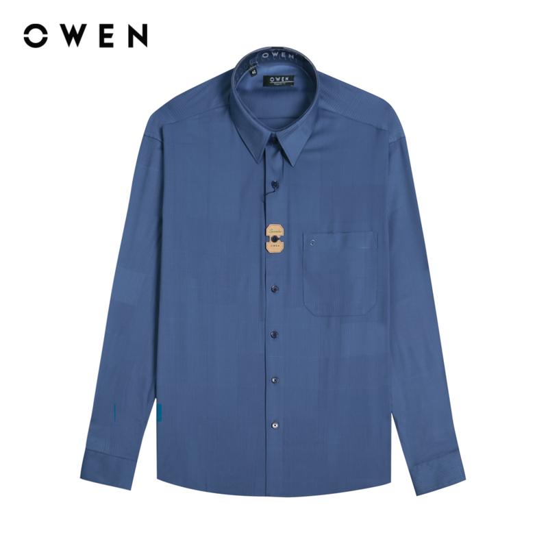 OWEN - Áo Sơ mi dài tay Nam Có túi Regularfit AR230556DT màu Xanh đậm chất liệu Spandex Hoạ tiết Kẻ sọc Menswear