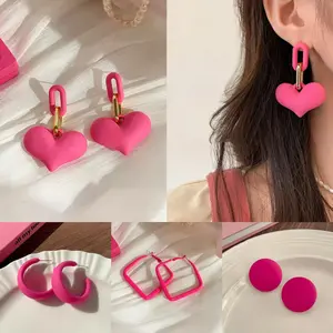 【Jojoo】Anting-anting Hati Akrilik Warna Mewah untuk Pesta Jazz, Anting-anting Barbie Warna Pink