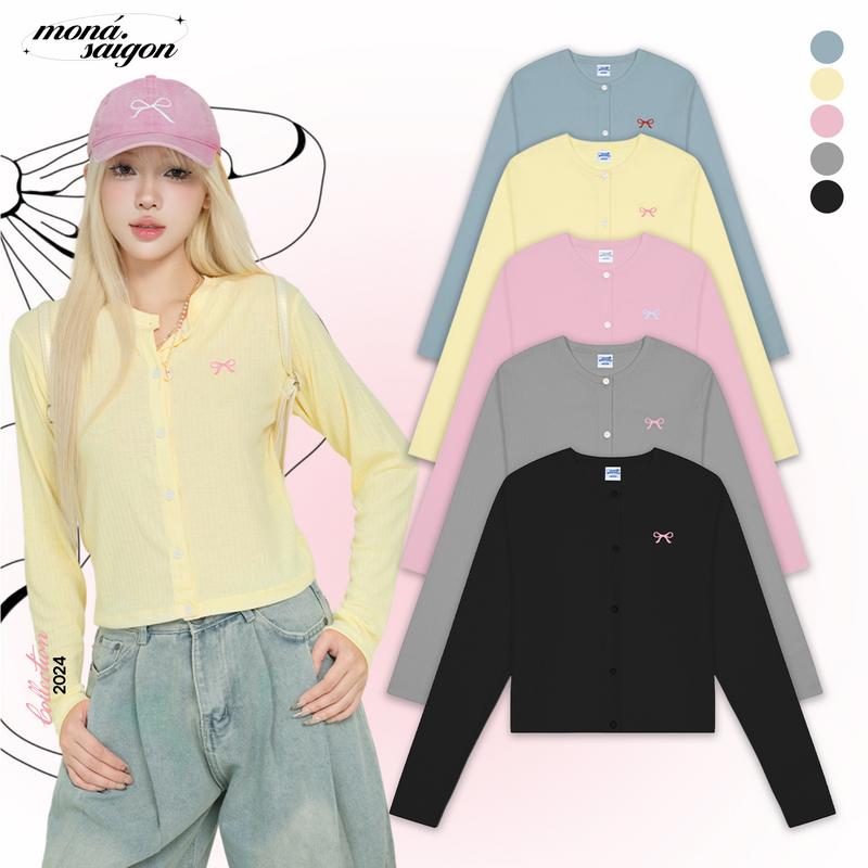 Áo khoác cardigan nữ thun cotton Hàn thêu nơ MONÁ - VIVI CARDIGAN Top Women