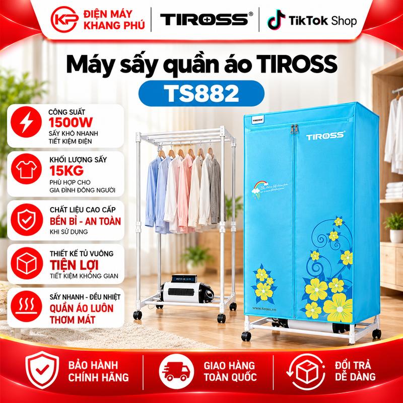 Máy sấy quần áo tủ vuông TIROSS, 1500W- TS882, Có Remote - Có cảm biến độ ẩm, thiết kế gọn đẹp