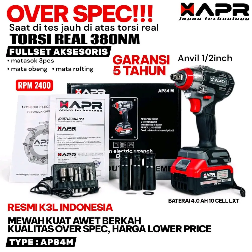 APR impact wrench type ap84 m 380nm upto 550nm baterai 88v standart fullset accecoris lxt 10cell AP84M AP84M