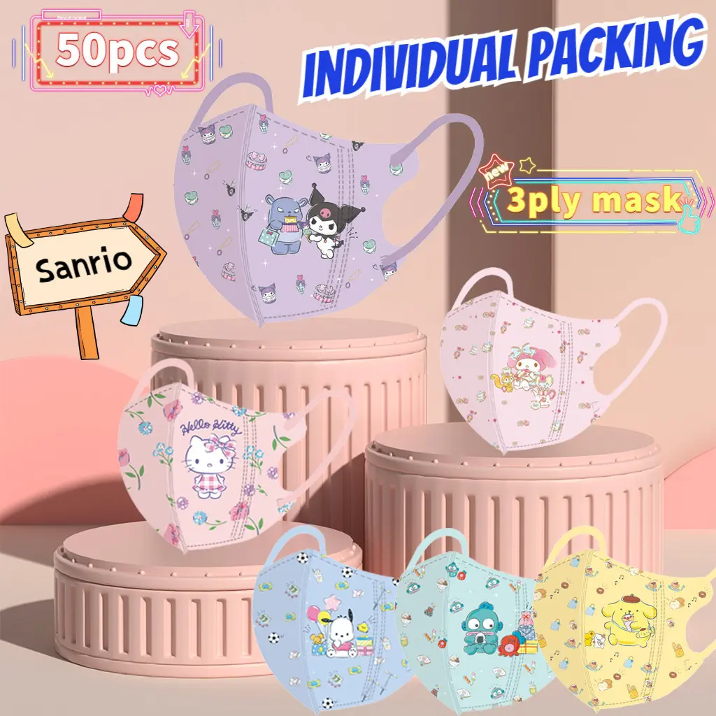 50pcs Independent Packaging Melody Children's 3D Kuromi KT Cat Cartoon Cute Students 3-12 Years Old kids Mask