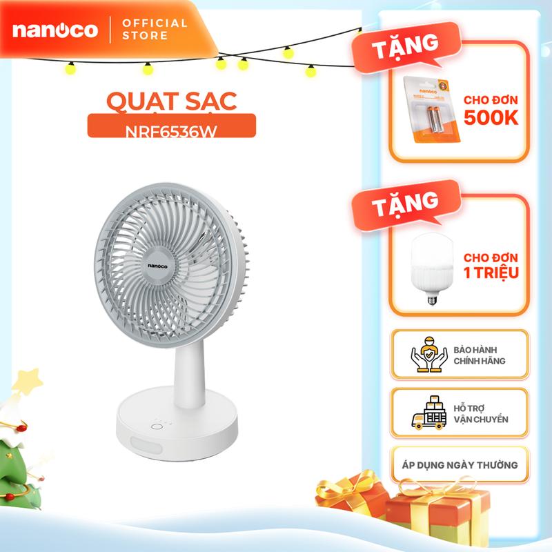  Quạt sạc 8inch Nanoco model NRF6536W có xoay có đèn màu trắng dùng tối đa 8 giờ 