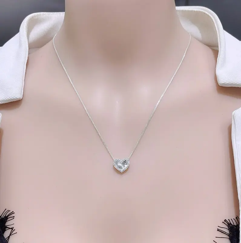 PVJ-Dây chuyền nữ, dây mì vuông nhỏ mặt trái tim xỏ ngang cắt máy siêu xinh, bạc ý xi kim 3