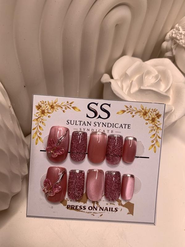 Sultan Syndicate Press On Nails Sultansyndicate Dustyfly Kuku Cofiin dengan Desain Glitter dan Motif Kupu-kupu