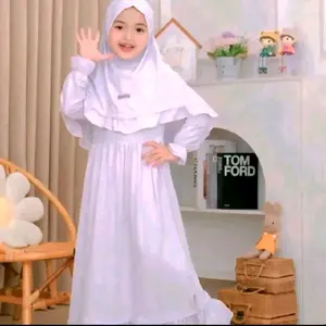 Gamis Anak Putih Muslim  Remaja 3-10tahun Set Baju Muslim Perempuan Jilbab Kerudung Gamis Anak Kekinian Dress Trendy(putih only)