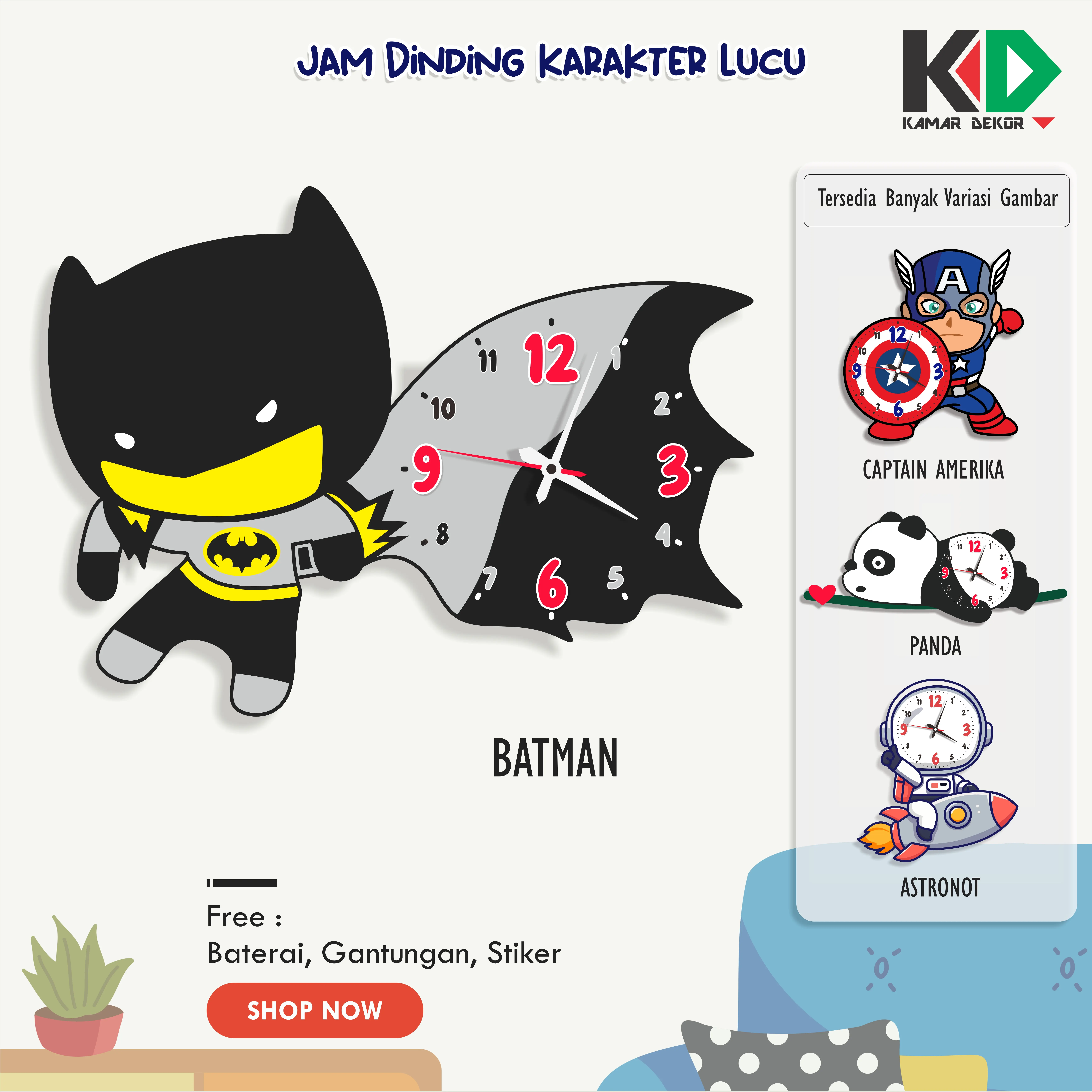 Jam Dinding Anak Batman Super Hero Aesthetic Hiasan Pajangan Dekorasi Kamar Anak Jam SNI Motif Batik