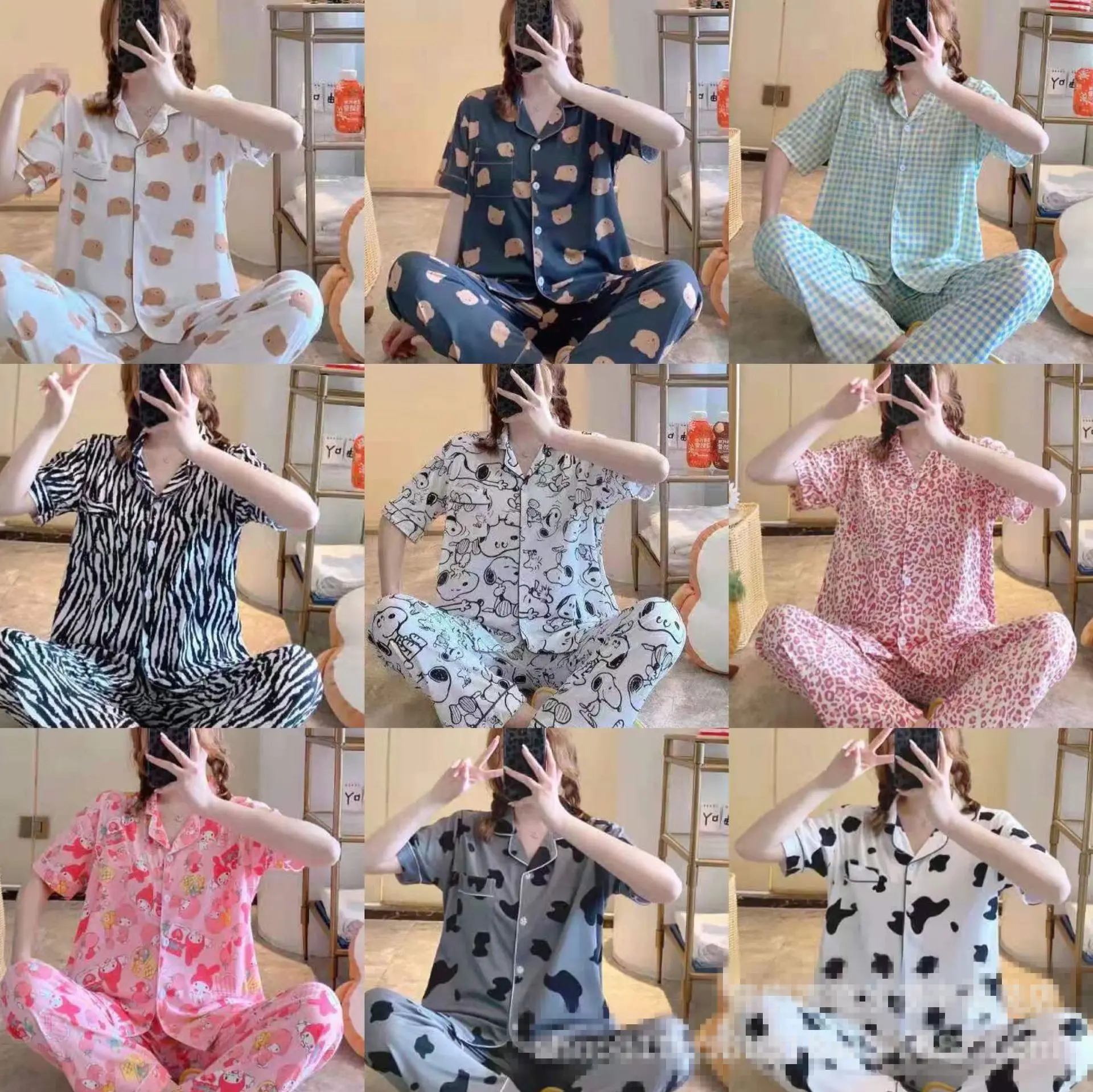 Summer Pajama Set For Women, Summer Cartoon Printed Short Sleeve Shorts Shirt + Pants Sleepwear Homewear Lounge set