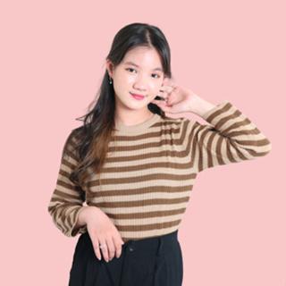 Atasan 0blong Salur Wanita Kaos O-neck Knit Rajut Style Korea Baju Fit 3