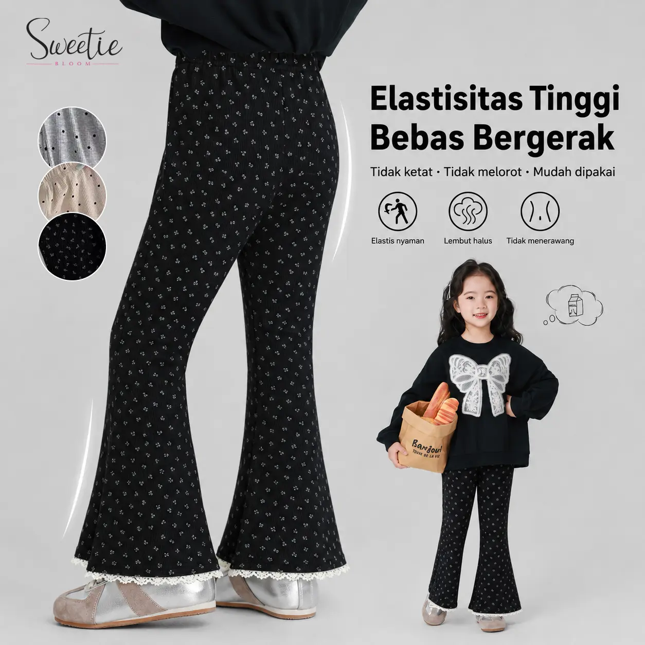 [Sweetie bloom] 2-11 Tahun Celana Flare Melar Polkadot Gaya Korea Musim Semi/Musim Gugur Anak Perempuan dengan Trim Renda Bunga, Celana Kaki Lebar Serbaguna