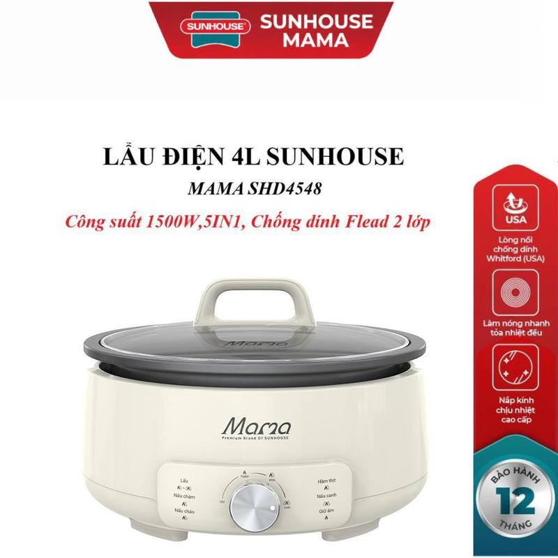 Nồi lẩu điện 4L SUNHOUSE MAMA SHD4548 đa năng lẩu, hầm, xúp, chiên, xào, công suất 1500W