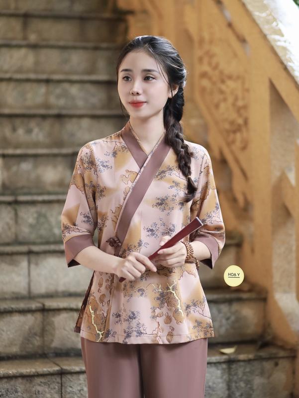 DL25 bông sô (Họa Y Pháp Phục) bộ Đồ Lam Đi Chùa, Phật Tử Nữ,  size S M L XL  XXL, set Pháp Phục, trang phục truyền thống thường mặc, chất lụa tuyết Women  áo hoa sen Voi trung niên
