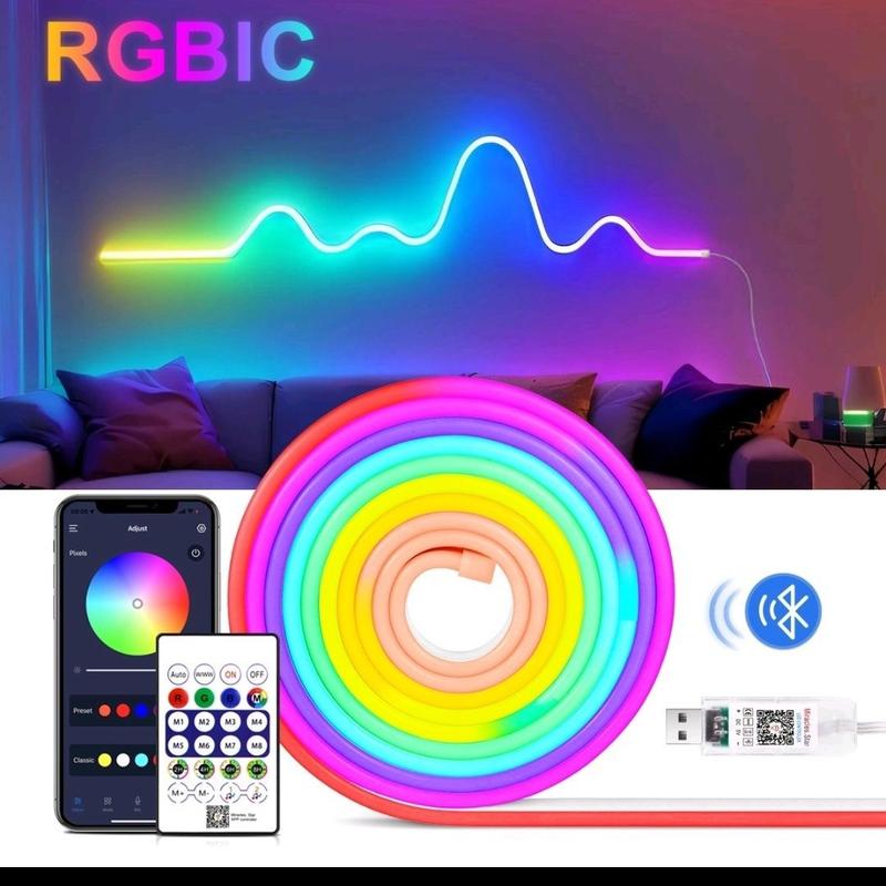  RGBIC Đèn LED Neon Flex NeoPixel Full 16 Triệu Màu Dễ Uốn Hình Điều Chỉnh Màu Qua Remote & App IP67 Strip Light With Remote Control 5 Mét Liên Mạch 180 Mắt LED USB 5V 