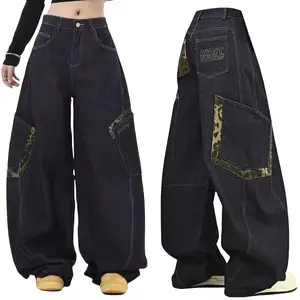 Jeans kerja wanita jeans tambal sulam retro Amerika celana lebar saku besar longgar