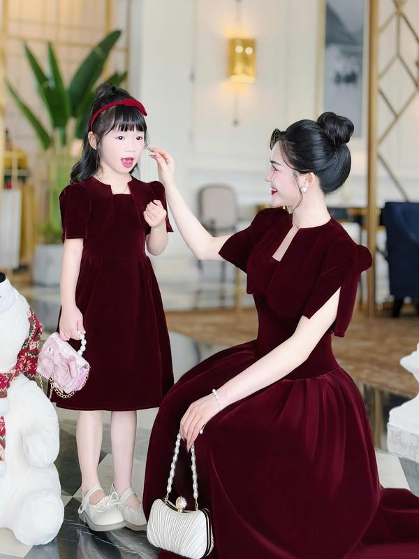 [MIỄN SHIP] MDU3859, MDU4553 Váy Thiết Kế Mẹ Và Bé - Chất Nhung Mềm Mịn Phối Dáng Xòe Xếp Li Tinh Tế Women Áo Top 2