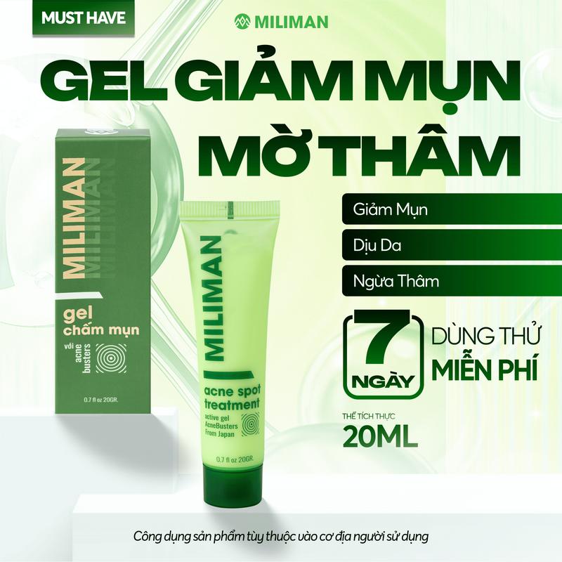 Gel Giảm Mụn & Mờ thâm MILIMAN 20gr - Phức Hợp AcneBusterTM Nhập Khẩu Từ Nhật Bản, Tinh Dầu Tràm Trà Hỗ Trợ Giảm Mụn