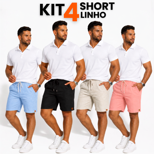 Kit 4 Shorts Linho Masculino Básico Mauricinho Premium - Bermuda em Linho moda Praia verão