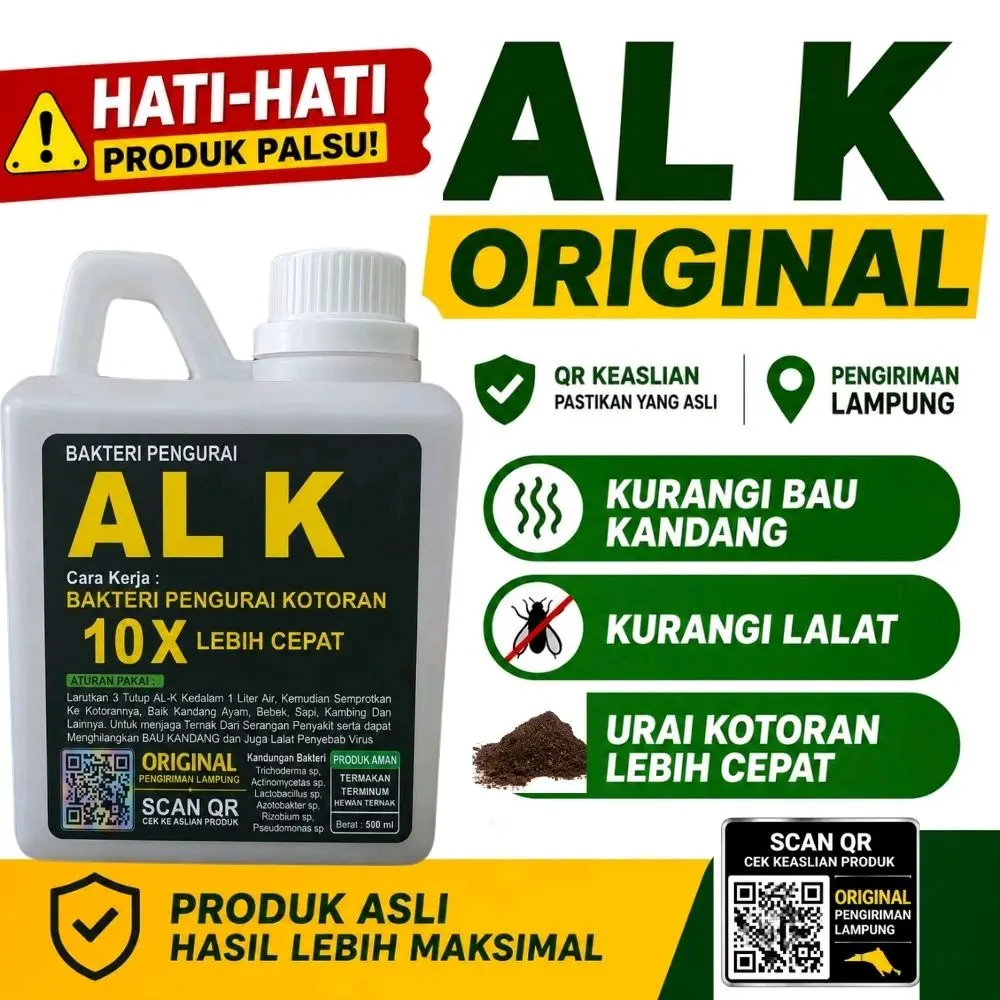 BAKTERI PENGURAI AL K, mengatasi Bau Kandang, Lalat, Dan Virus Aratan, dengan menggunakan bahan 100% Tanaman Alami, Cairan ini cocok untuk Ayam, Kaambing, dan hewan ternak sejenisnya