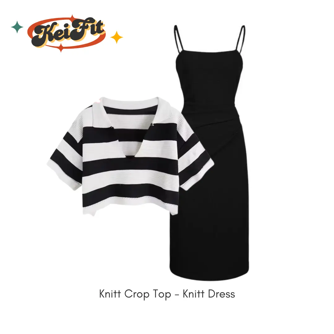 One Set wanita Korean Style Kekinian (Tanktop Dress Knit Pendek , Atasan Knitt Garis Crop Top Stripe) Candidus Outfit Set OOTD Kerah Cantik Formal Lembut Santai Tangan Topi Linen Kaos Bawahan casual outfit one set rumahan korean style