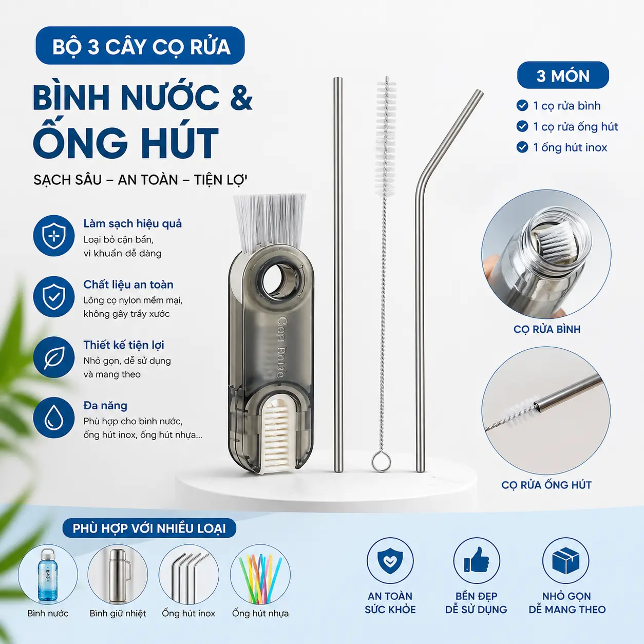 Cọ Rửa Ly Đa Năng 3in1 - bàn chải bằng nhựa - Cọ rửa miệng bình, nắp chai 3 đầu xoay linh hoạt - Bàn chải cọ rửa nhà vệ sinh- chổi vệ sinh mini 3 đầu nhà bếp chất liệu nhựa