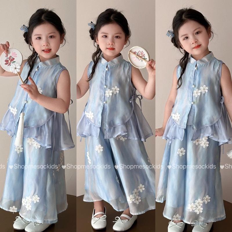 (Shopmesockids) Sét bộ áo babydoll cổ tàu mix quần xuông tơ hoa thêu 2 lớp cho bé gái
