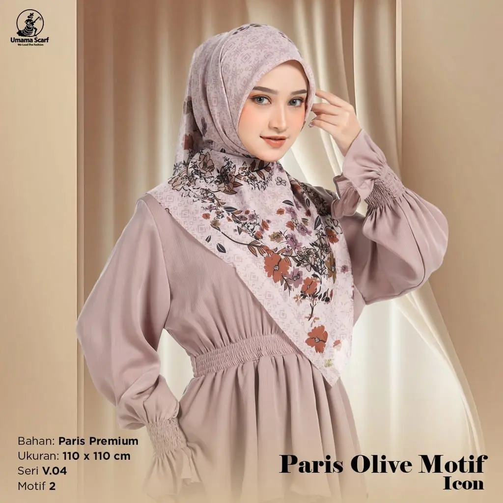 [2 pcs] Umama Scraf Paris Olive Motif Icon | Hijab Segi Empat | Kerudung Kekinian | Bahan Voal Premium Cantik Nyaman