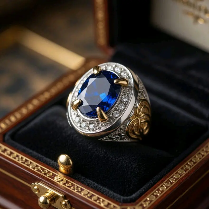 Cincin Pria Batu Permata Royal Blue King Shafire Ring Titanium Elegan dengan Desain Mewah dan Warna Biru Tua