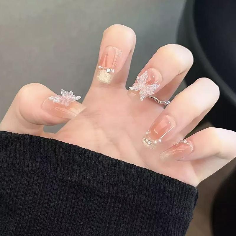 Mã B012 Nail Box Màu Hồng Nude Hồng Thạch Thuần Khiết Họa Tiết Hồ Điệp Đáng Yêu Tiểu Thư Xinh Xắn Dáng Móng Nhỡ