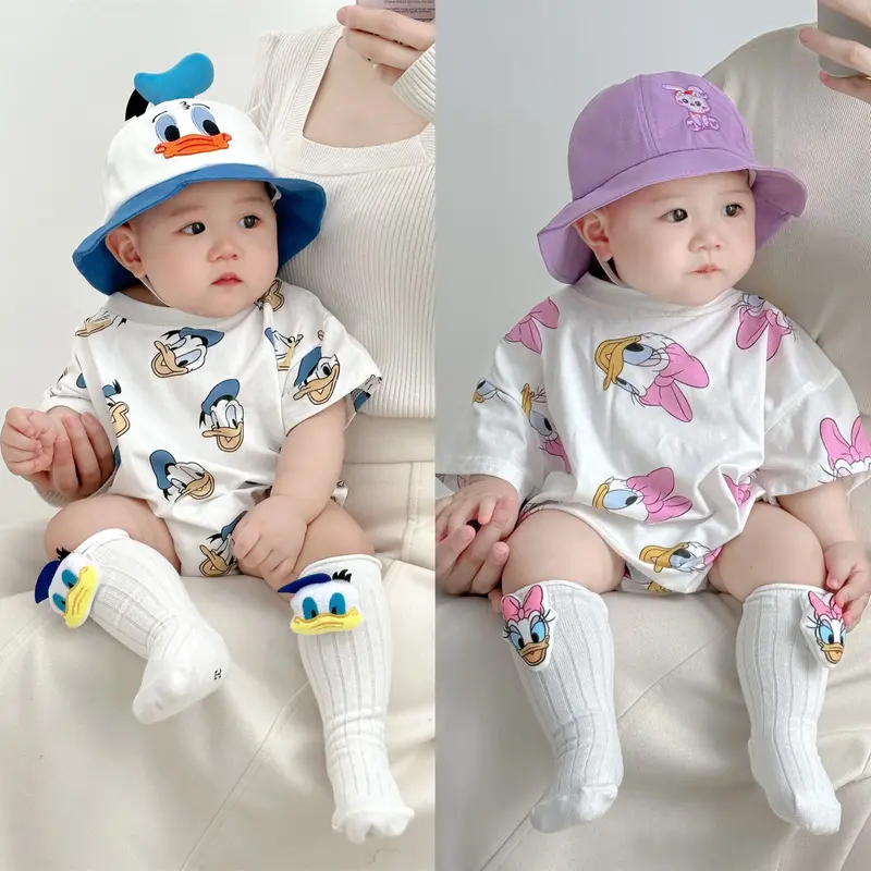 Donald Daisy Romper Set Topi + Kaos Kaki / Romper Jumper Bayi Laki Perempuan Karaktek Lucu 0