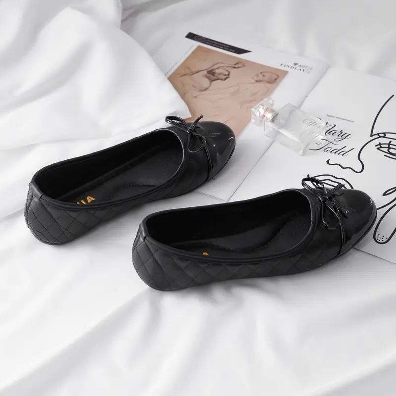 Sepatu Balet Kerja RIVIA Flatshoes Wanita Tali Iket Garis-Garis Empuk Sol Karet Hitam 5