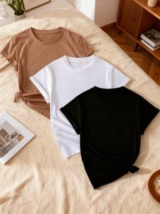 Camiseta Mujer 3 Pack, Estampado Liso, Varios Colores, Casual Básica, Cómoda, Uso Diario