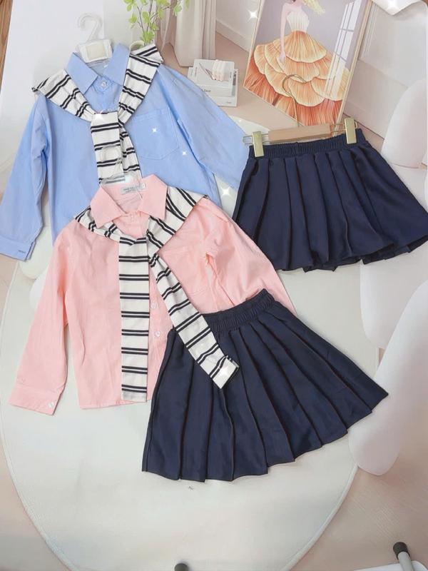  Set bộ áo sơ mi chân váy thô lụa cho bé gái T15 size đại 22 - 55kg  tặng kèm khăn  