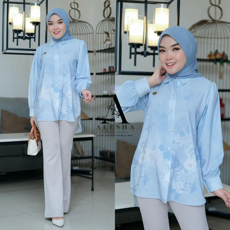 Blouse Tunik Silk Silky Premium Motif Etnik Monogram by Alesha Mode - RANISYA - Lembut, Muslim, Busui 1
