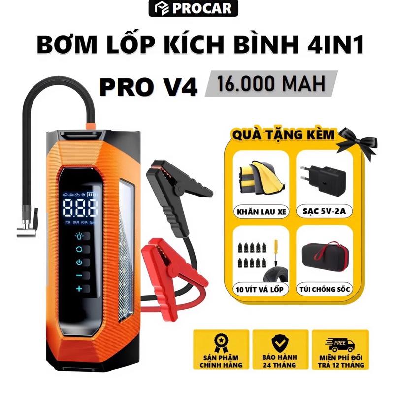   PRO V4 16000MAH  Kích Bình Kèm Bơm Lốp Xe Ô Tô 12V 4IN1 Tích Hợp Đèn Pin Sạc Dự Phòng. Bảo Hành 24 tháng 