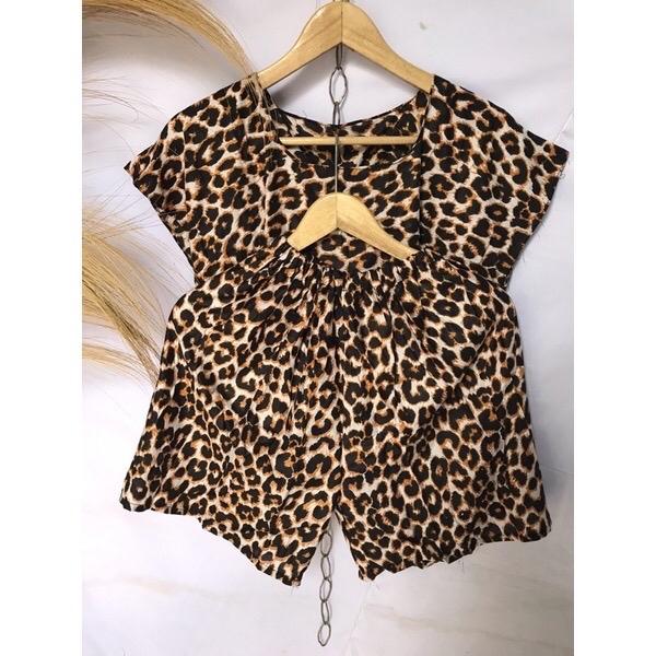 ￼SET PENDEK Baby doll allsize motif leopard macan dan bunga Baju Celana Dewasa Wanita Setelan 1
