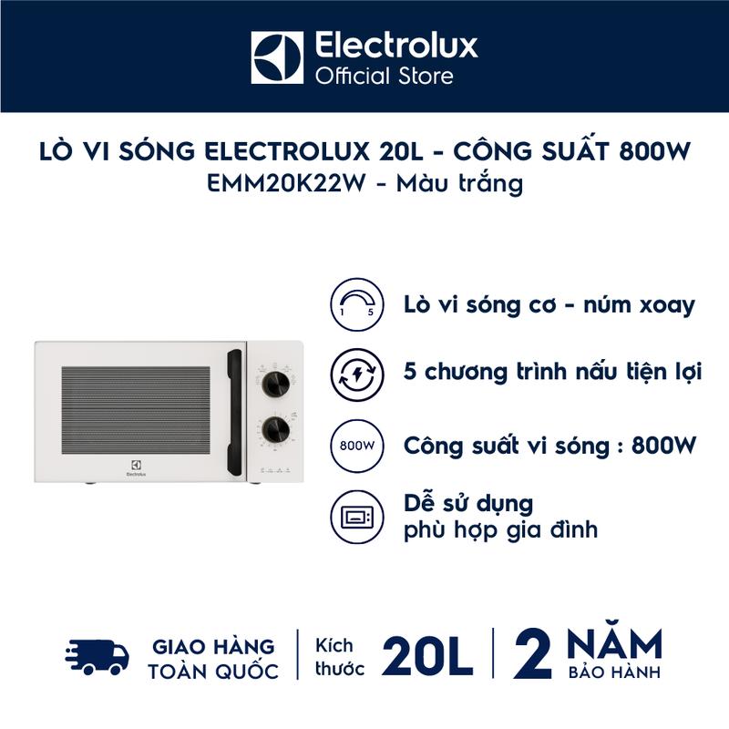 Electrolux Lò vi sóng để bàn 20L EMM20K22W Công suất 800W - Điều khiển cơ - 5 chương trình nấu - Rã đông nhanh - Màu trắng