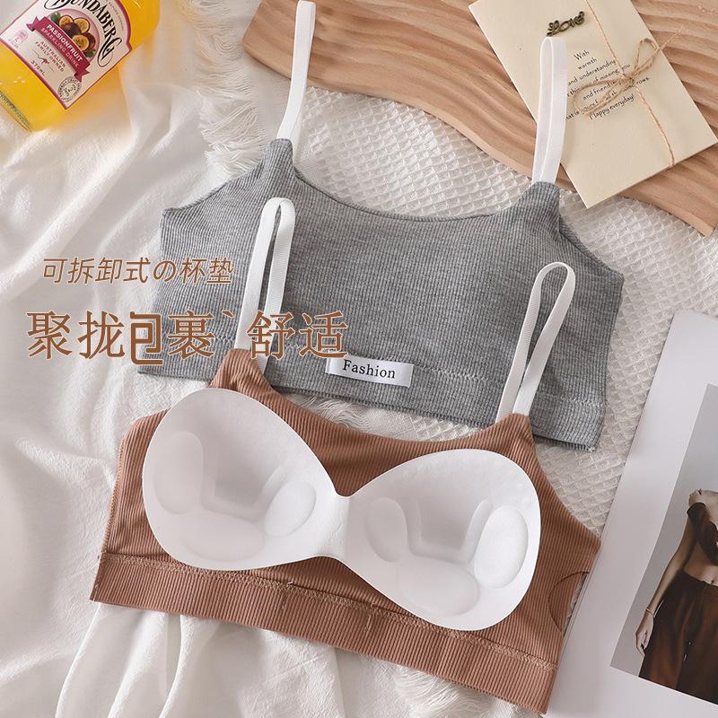 Áo Ống Thời Trang Cho Bé Gái, Dây Đeo Làm Đẹp Lưng, Đệm Ngực Có Thể Tháo Rời, Sợi Cotton, Đồ Lót Dưới Cùng, Quần Đùi Tam Giác, Bộ Đồ Nữ 3